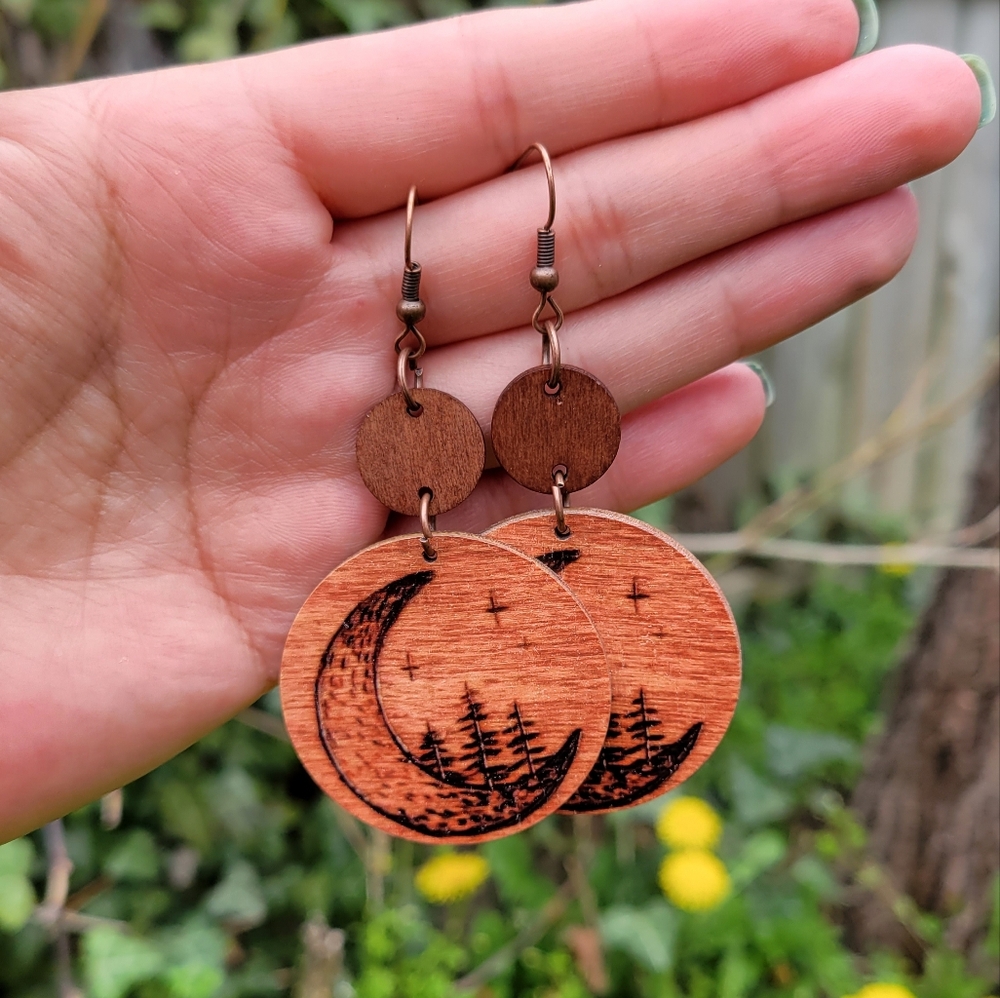 Stamped Moon And Tree Disc Wood Earrings